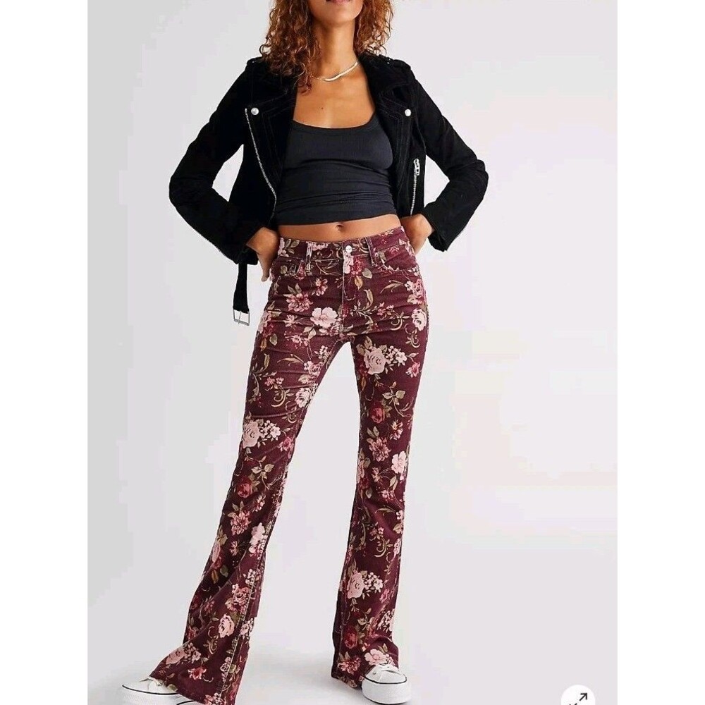 Free People Driftwood Corduroy bootcut Pants Jeans Floral Burgundy pink retro